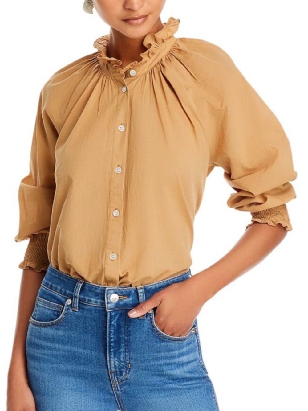 Veronica Beard Calisto Khaki Ruffle Collar Cotton Shirt M